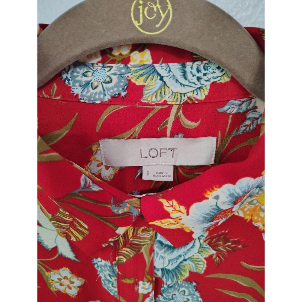 LOFT Red Floral Button Front Blouse Women's Small Cottagecore Boho Top - Picture 6 of 7